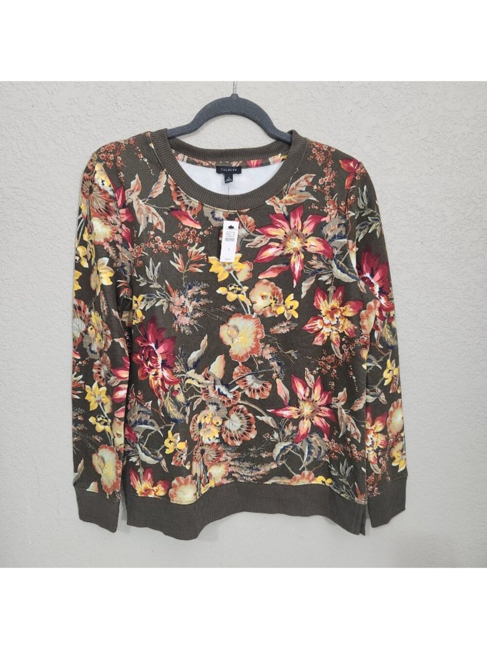 Talbots Floral Sweatshirt Brown Yellow Red Long Sleeve Crew Neck Cotton Blend S